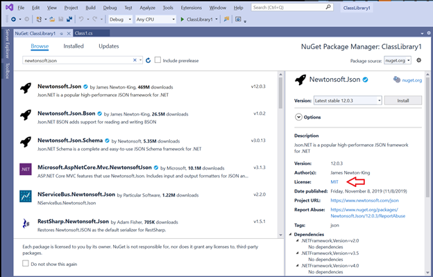 Screenshot of the Newtonsoft.Json NuGet package with a red arrow pointing to the package's license.