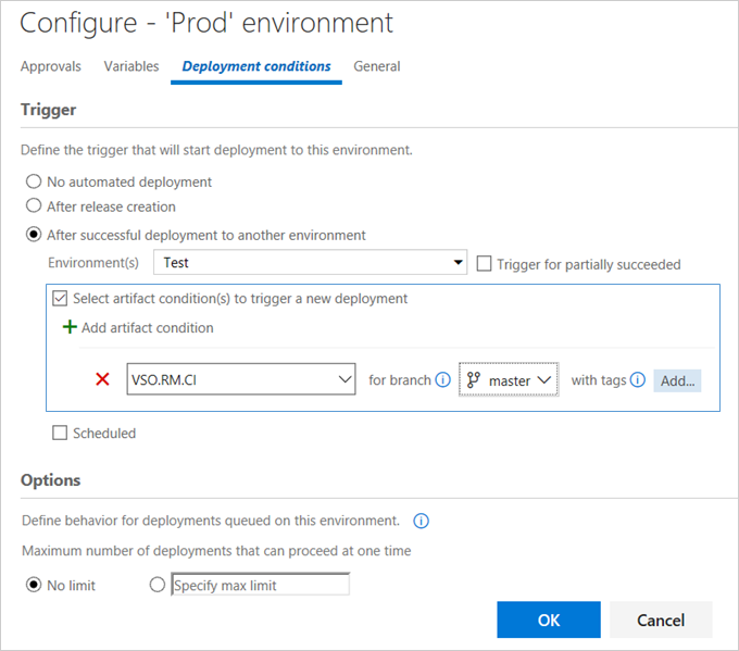 Deployment conditions dialog