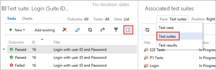 På sidan Testplaner väljer du informationsfönstret. Välj testsviter i fönstret med testinformation.