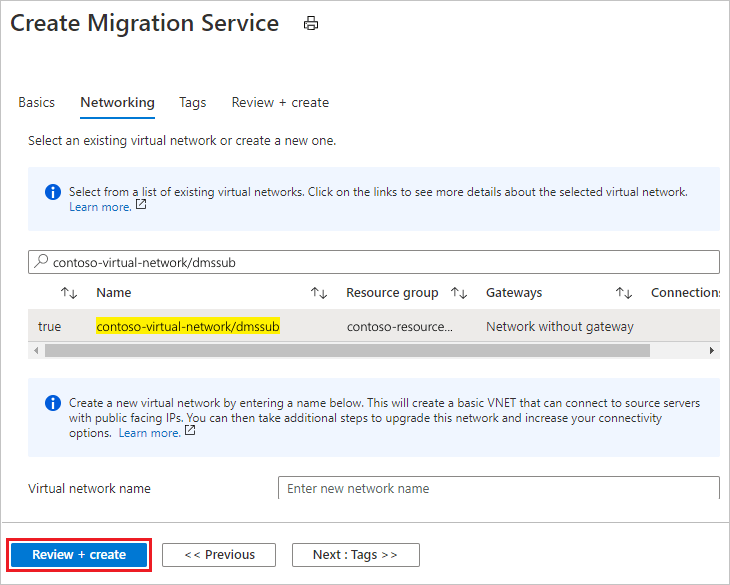 Skärmbild av Konfigurera nätverksinställningar för Azure Database Migration Service-instansen.