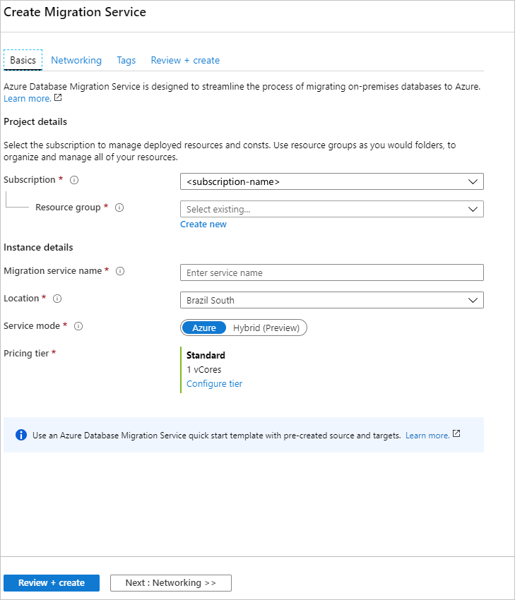 Skärmbild av instansinställningarna för Konfigurera Azure Database Migration Service.