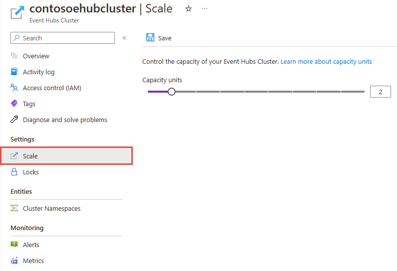 Skärmbild som visar fliken Skala på sidan Event Hubs-kluster.