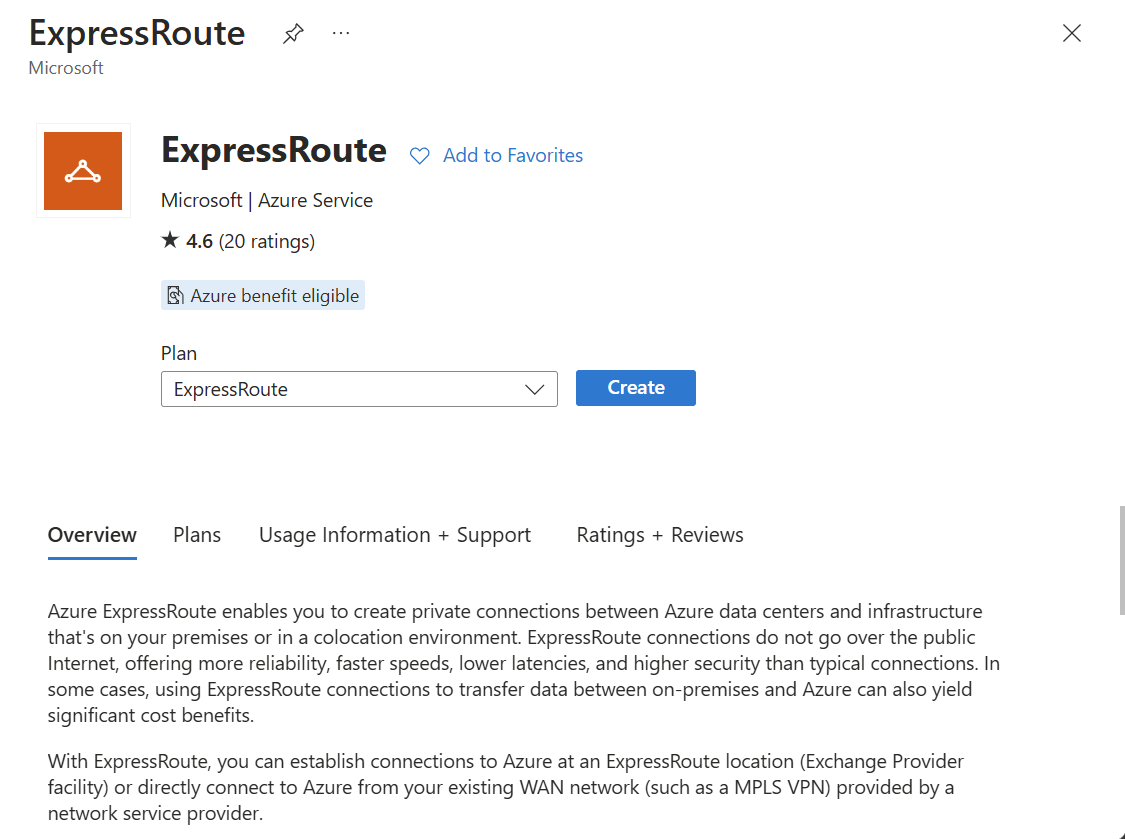 Skärmbild av resursen skapa en ExpressRoute-krets.