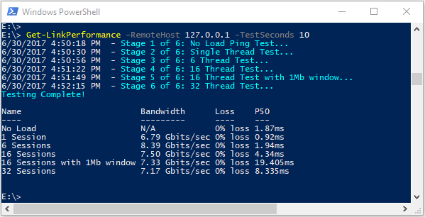 Skärmbild av PowerShell-utdata från linkprestandatestet.