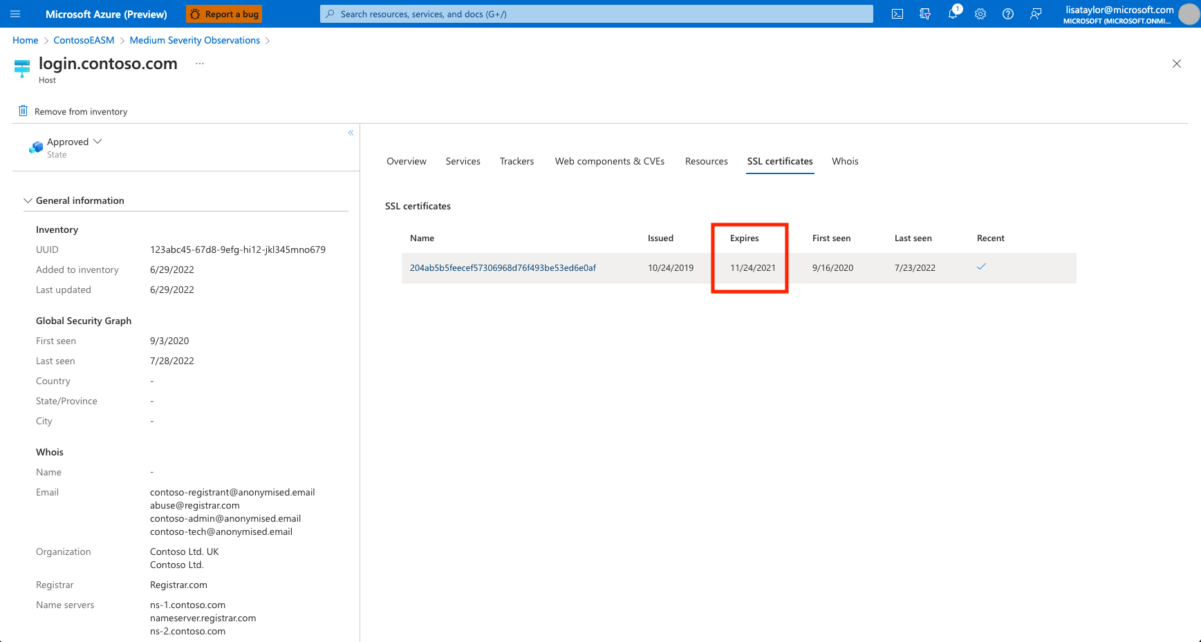 Skärmbild av den påverkade tillgångslistan från visning av detaljerad information måste ha upphört att gälla för SSL-certifikatet.