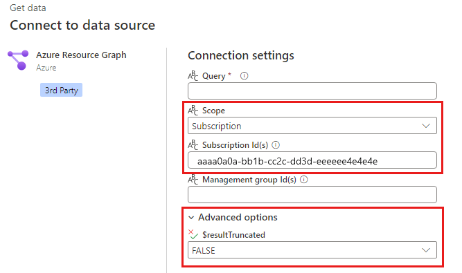 Skärmbild av dialogrutan Power BI-tjänst Azure Resource Graph för en fråga med valfria inställningar för omfång, prenumerations-ID och $resultTruncated.