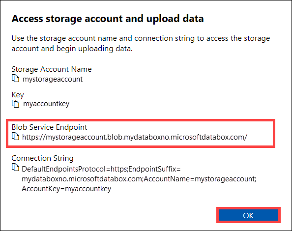 Skärmbild som visar dialogrutan Åtkomstlagringskonto och uppladdning av data där du kan kopiera Blob Service-slutpunkten.