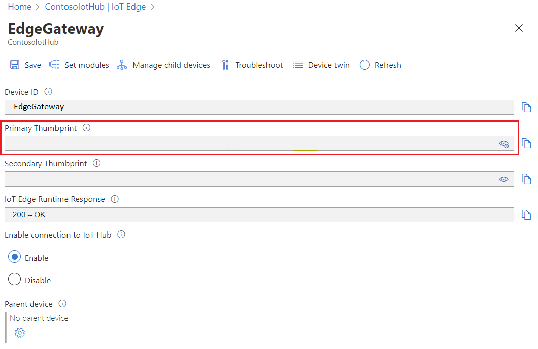 Skärmbild från Azure Portal av EdgeGateway-enhetens tumavtryck i ContosoIotHub.