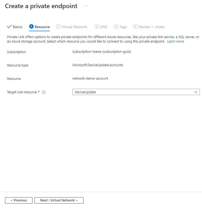 Screenshot showing the Resource page of the Create a private endpoint wizard.