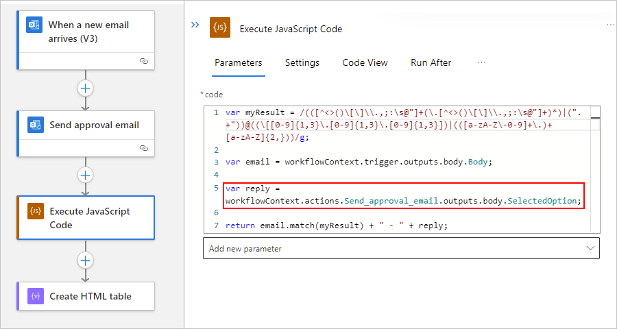 Skärmbild som visar standardarbetsflödet och åtgärden Kör JavaScript Code med uppdaterat exempelkodfragment.