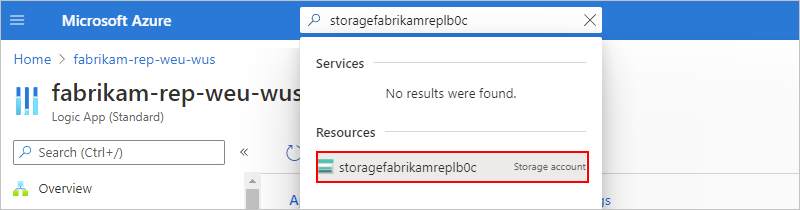 Skärmbild som visar sökrutan Azure Portal med namnet på lagringskontot angivet.