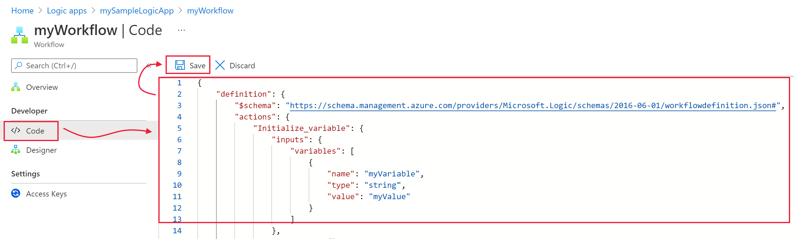 Skärmbild av ett Logic Apps-arbetsflöde i kodvyn som visar JSON-arbetsflödesdefinitionen som redigeras i Azure Portal.