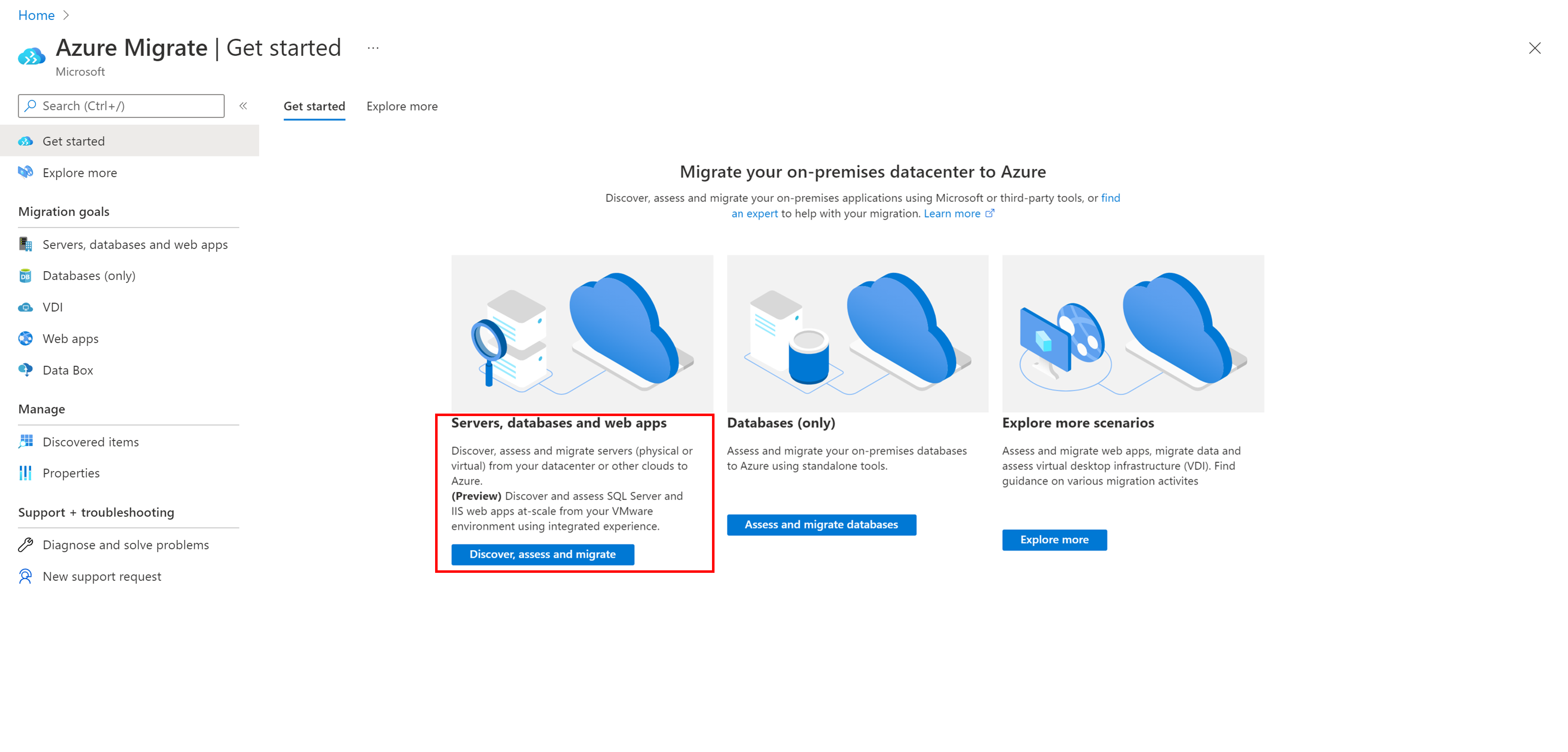 Skärmbild av översiktssidan för Azure Migrate.