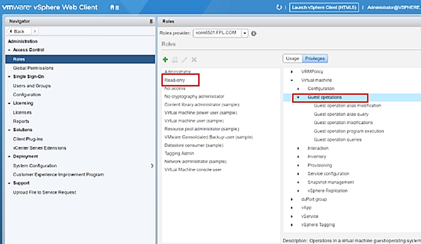 Skärmbild som visar vSphere-webbklienten och hur du skapar ett nytt konto och väljer användarroller och behörigheter.