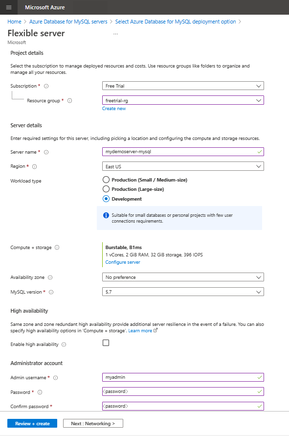 Skärmbild som visar grundläggande inställningar för att skapa en flexibel Azure Database for MySQL-serverinstans.