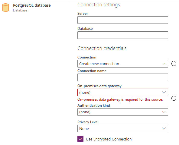 Skärmbild av PostgreSQL-anslutning med power query online.