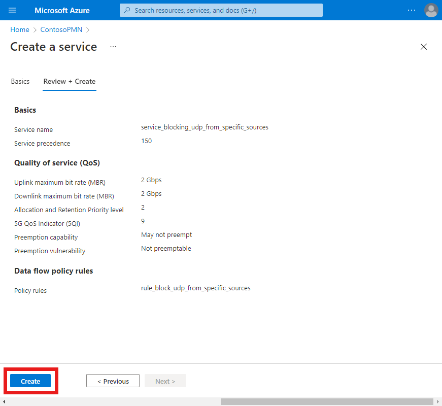 Skärmbild av Azure Portal. Den visar fliken Granska och skapa med fullständig konfiguration för en tjänst för trafikblockering.