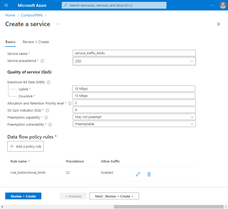 Skärmbild av Azure Portal. Den visar ifyllda fält för en tjänst för att begränsa trafiken, inklusive regler för dataflödesprinciper.