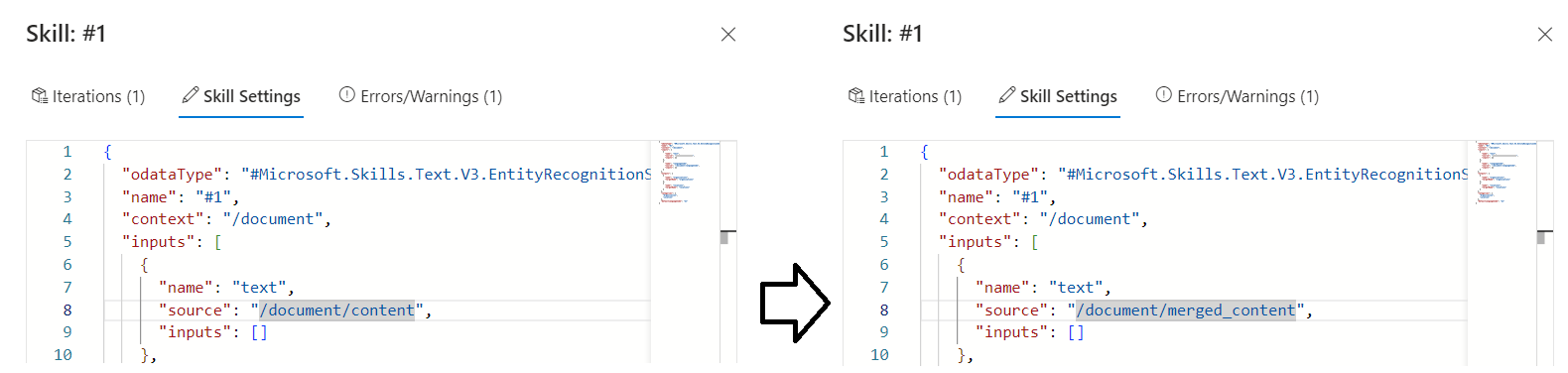 Skärmbild av Uttrycksutvärdering för fasta merged_content indata.