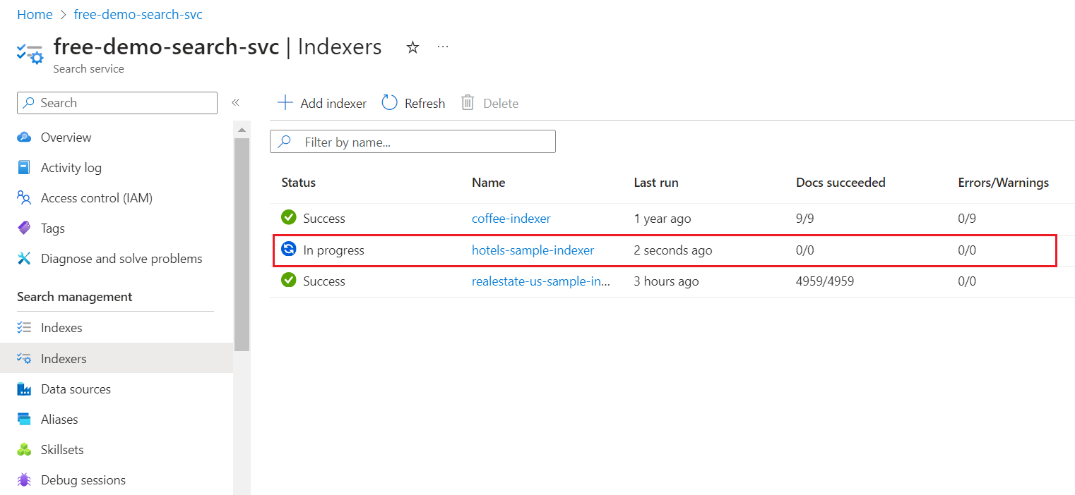 Skärmbild som visar hur indexeraren skapas i Azure Portal.