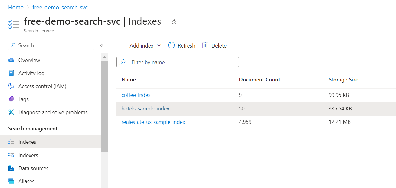 Skärmbild av indexlistan på Instrumentpanelen för Azure AI tjänsten Search i Azure Portal.