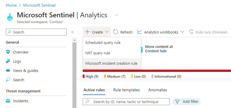 Skärmbild av hur du skapar en Microsoft-säkerhetsregel på sidan Analys.