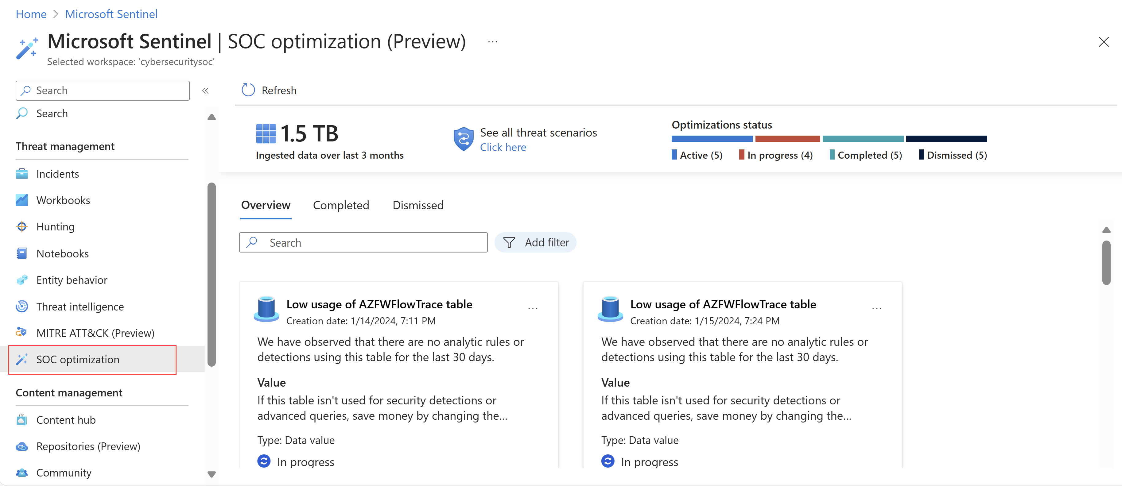 Skärmbild av sidan SOC-optimering i Azure Portal.