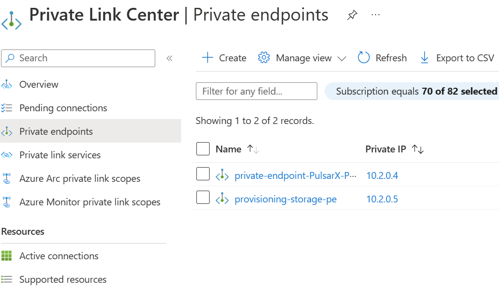 Skärmbild som visar hur du skapar en privat slutpunkt i Private Link Center.