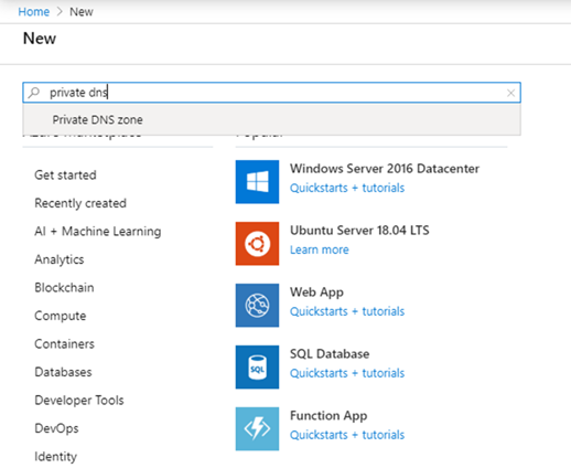 Skärmbild som visar sökning efter privat DNS-zon på sidan nya resurser i Azure Portal.