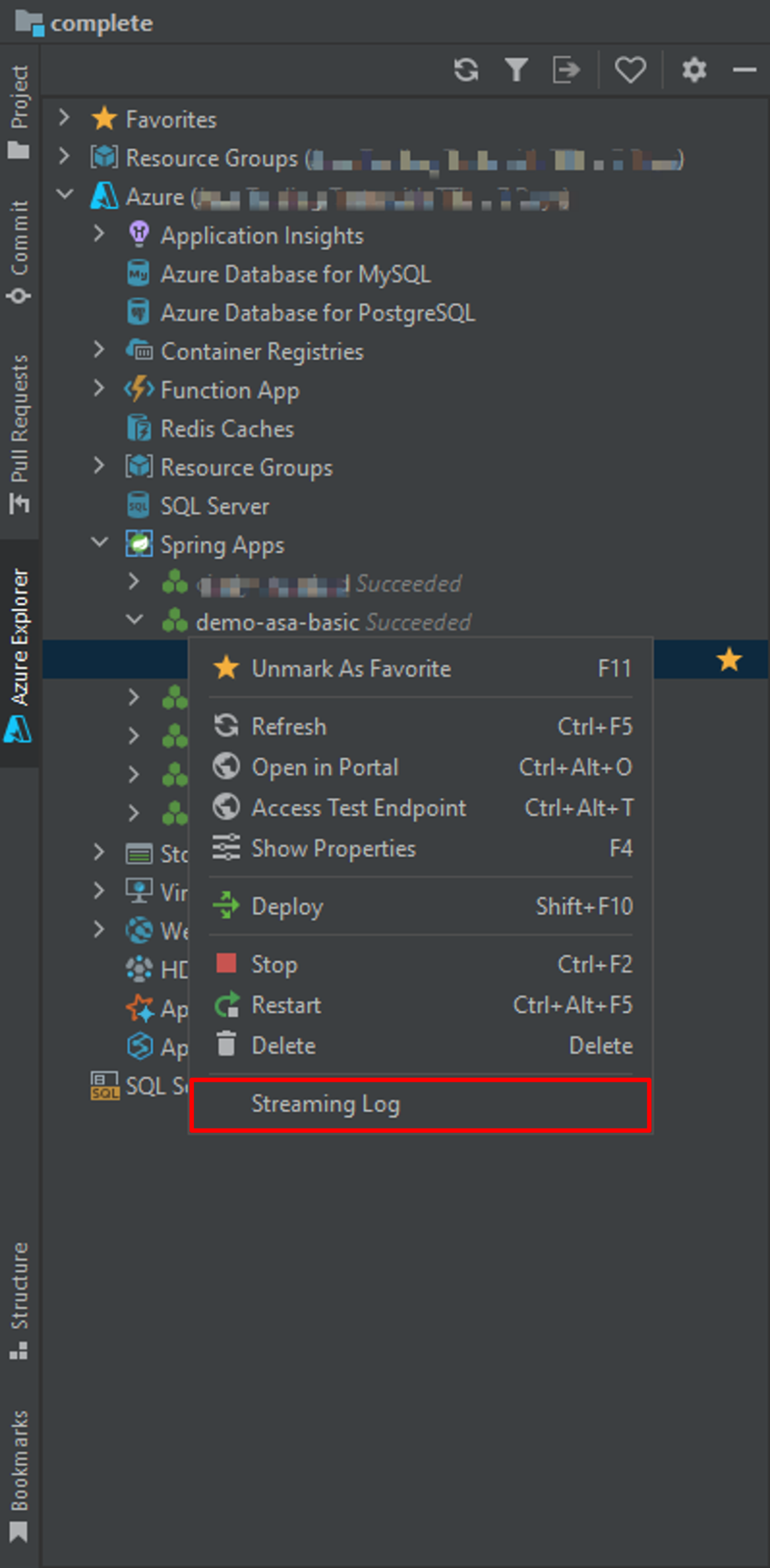 Skärmbild av IntelliJ IDEA-snabbmenyn med alternativet Direktuppspelningslogg markerat.