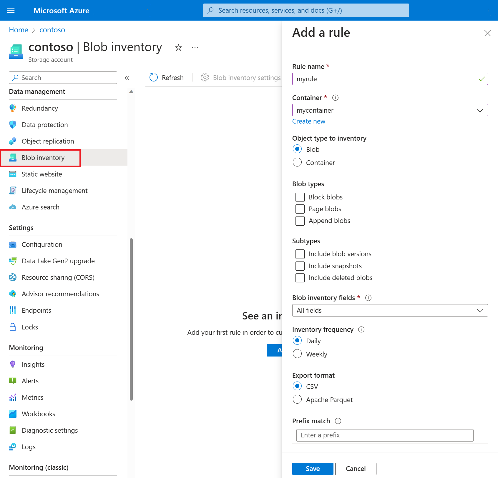 Skärmbild som visar hur du lägger till en blobinventeringsregel med hjälp av Azure Portal.