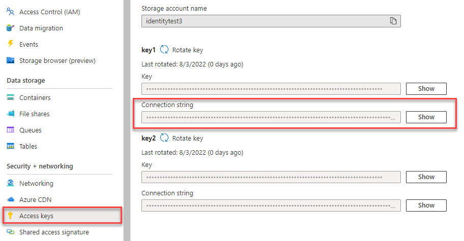 Skärmbild som visar hur du kopierar en anslutningssträng från Azure Portal.