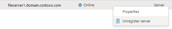 Skärmbild som visar hur du avregistrerar en server.
