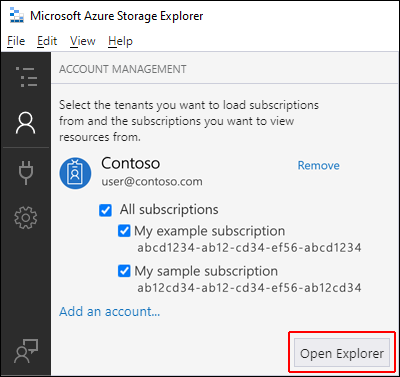 Skärmbild av Azure Storage Explorer som markerar platsen för knappen Öppna utforskaren.