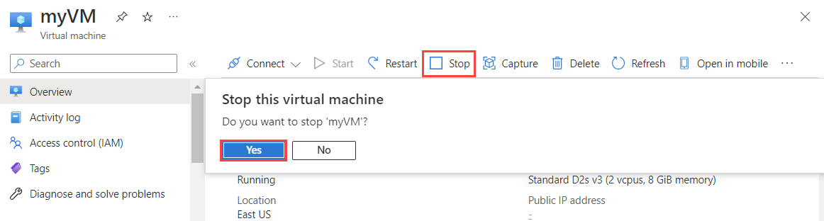 Skärmbild av hur du stoppar en virtuell dator i Azure Portal.