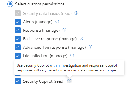 Screenshot of custom Defender XDR role with Security Copilot security operations right enabled.