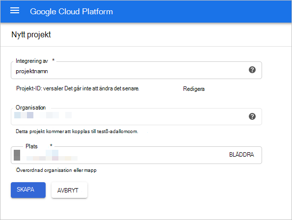 Skärmbild som visar dialogrutan skapa GCP-projekt.