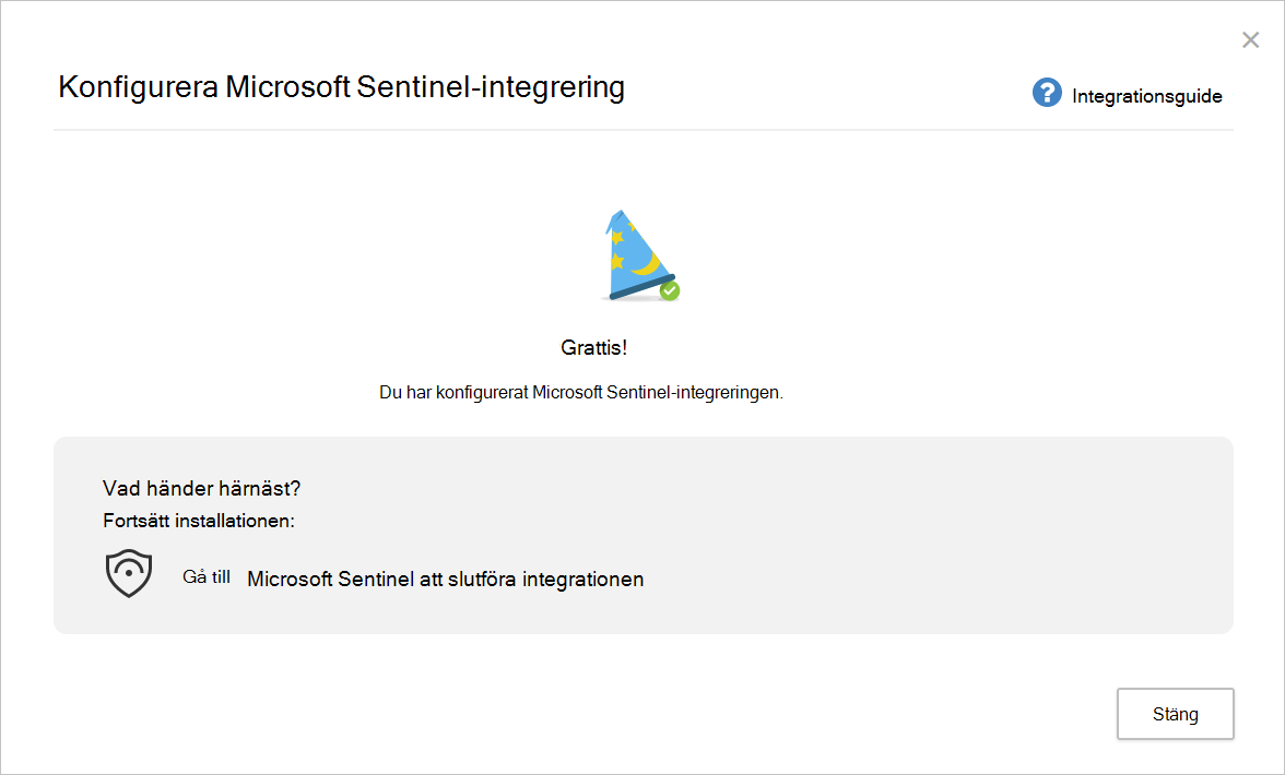 Skärmbild som visar slutsidan för Konfigurera Microsoft Sentinel-integrering.