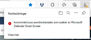 Skärmbild som visar hur SmartScreen identifierar en filnedladdning med ett osäkert rykte. nedladdningen blockeras.