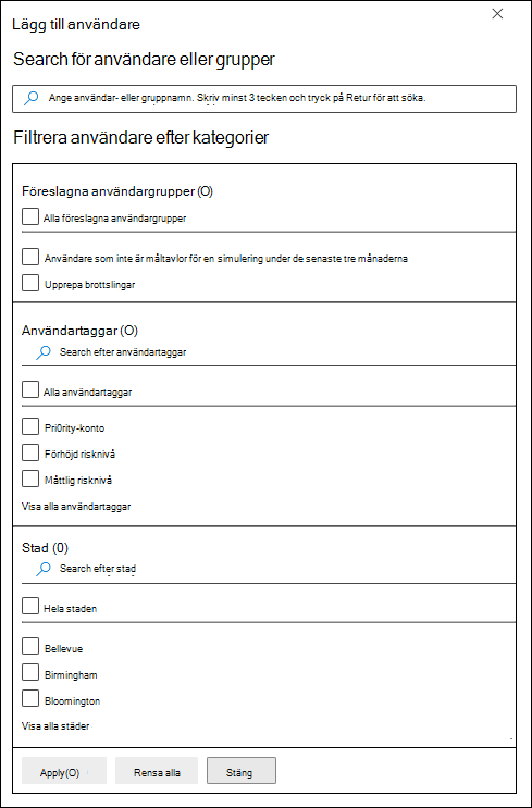 Användarfiltrering på sidan Målanvändare i Övning av attacksimulering i Microsoft Defender-portalen.