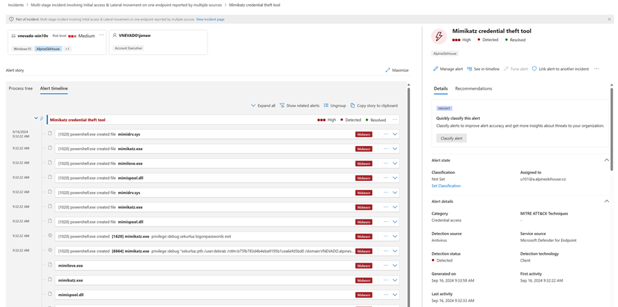 Information om en avisering i en incident i Microsoft Defender-portalen.