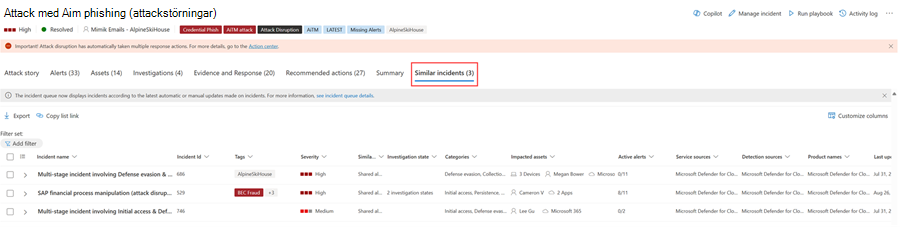 Skärmbild som visar fliken Liknande incidenter för en incident i Microsoft Defender-portalen.