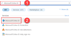 En skärmbild som visar hur du använder det översta sökfältet i Azure-portalen för att söka efter och navigera till sidan Microsoft Entra-ID.