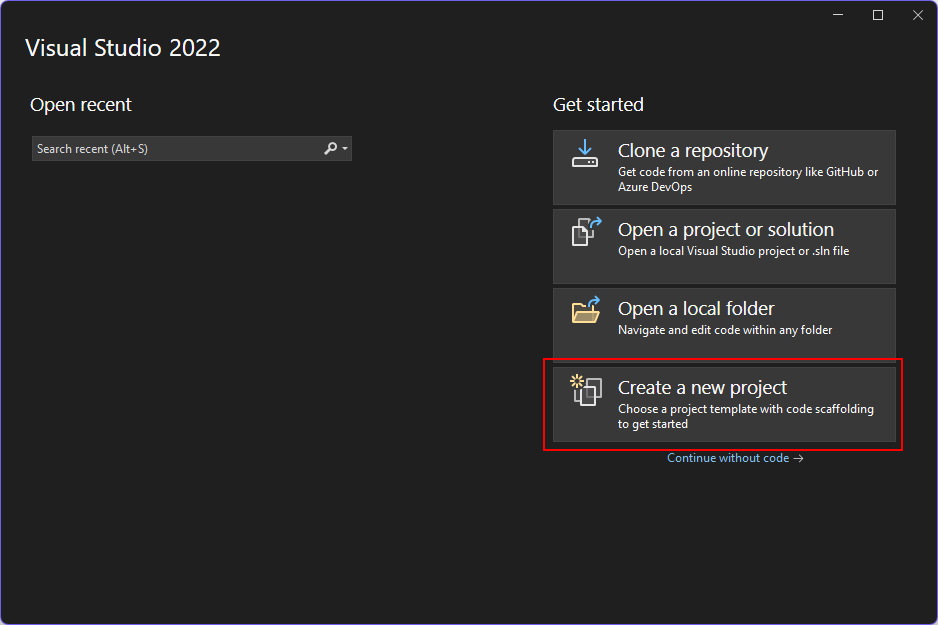 A screenshot of the start dialog from Visual Studio 2022. The 'create a new project' button is highlighted with a red box.