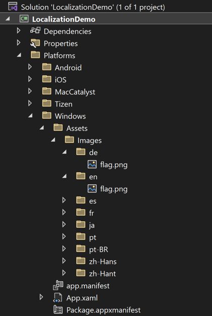 Screenshot of the localized folder structure in Visual Studio for images on Windows.