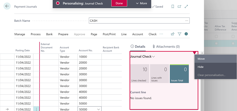 Shows Journal Check FactBox in General Journal page.