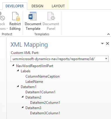 Klipp av fönstret XML-mappning i Word.