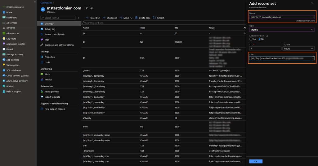 Lägg till CNAME-alias och adress i Microsoft Azure.