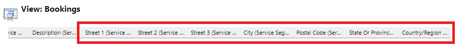 Skärmbild av kolumner som är relaterade till adress för bokningskalendern.