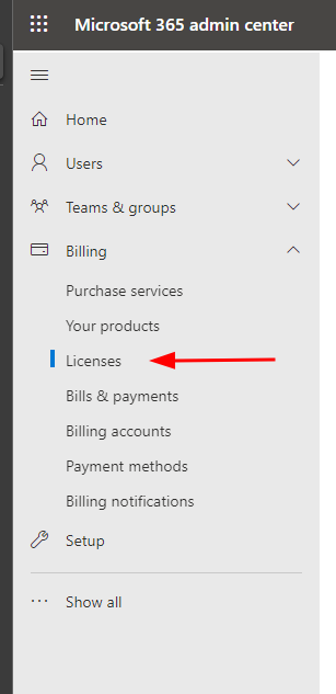 Fakturering > licenser i den vänstra navigeringen i Microsoft 365 administrationscenter.